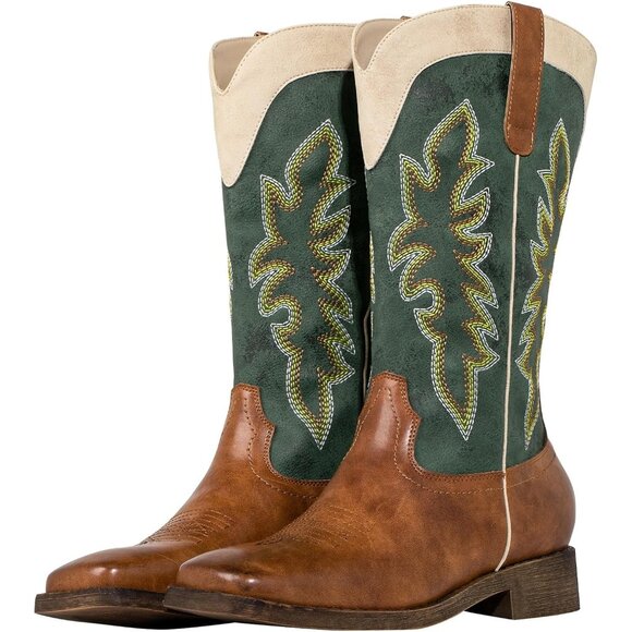 SheSole Womens Green Brown Cowboy Square Toe Cowgirl Wide Calf Western Boots - Picture 1 of 9